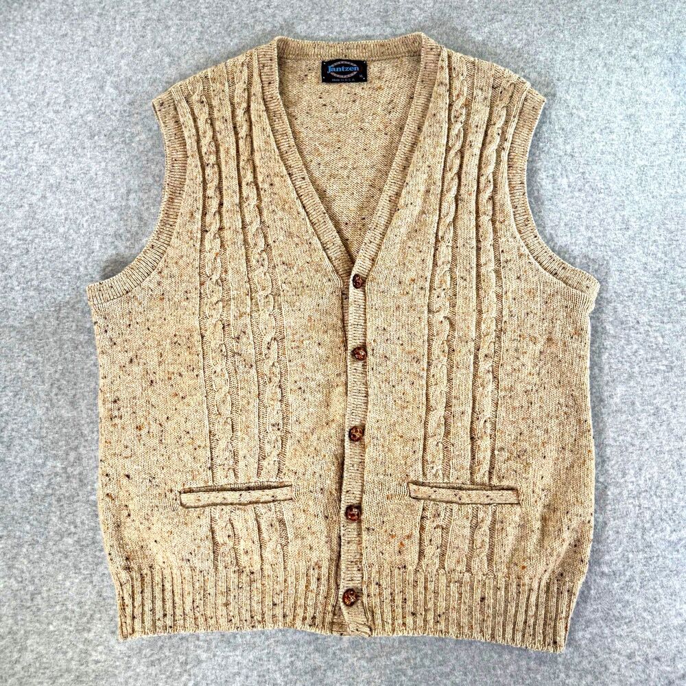 VTG Jantzen Sweater Vest Wool Blend Men XL Beige Speckled Cable Knit Tan 80s 90s